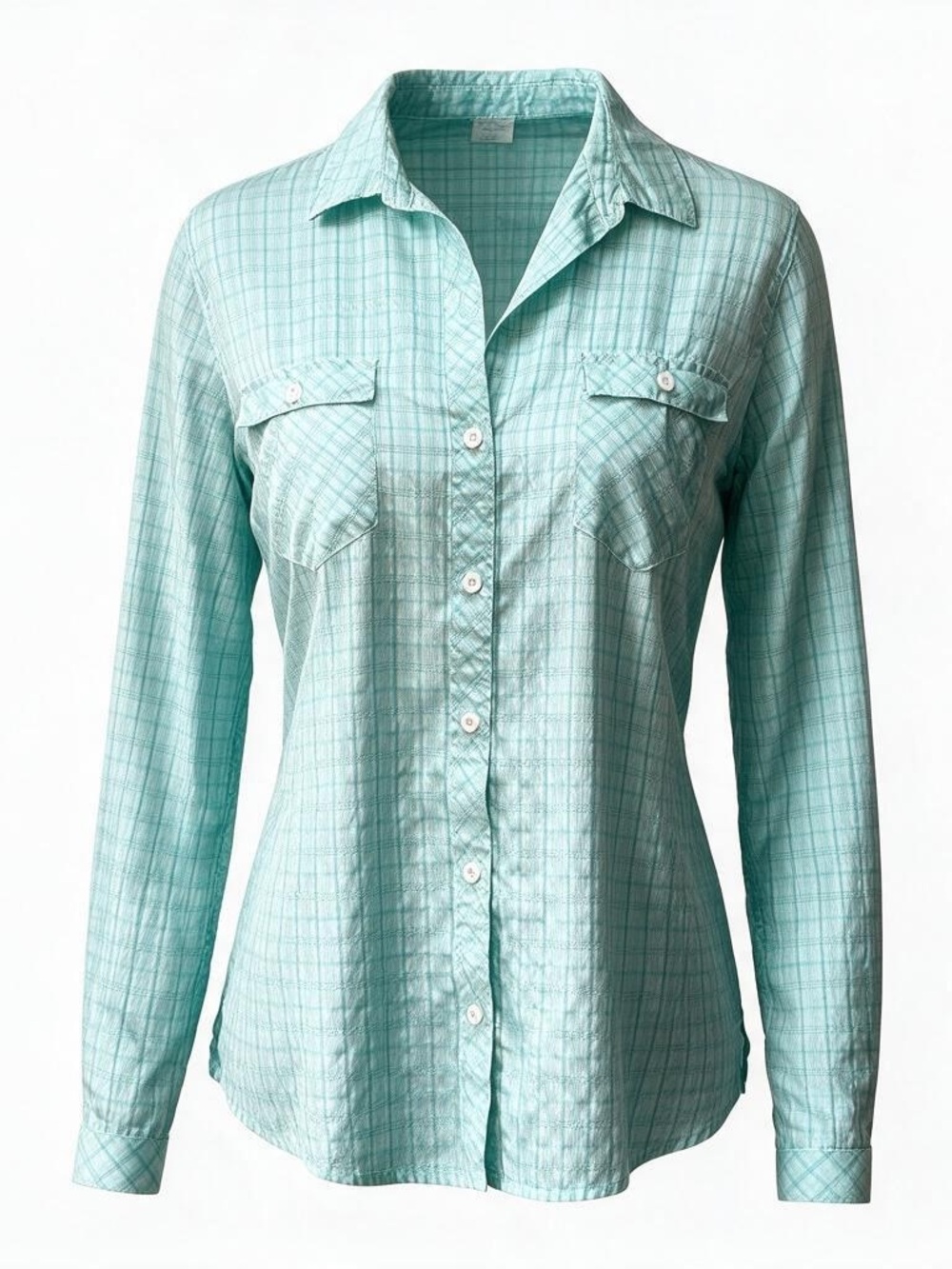 Eddie Bauer Women’s Travel Shirt | Size Large | Seersucker Seafoam Green |